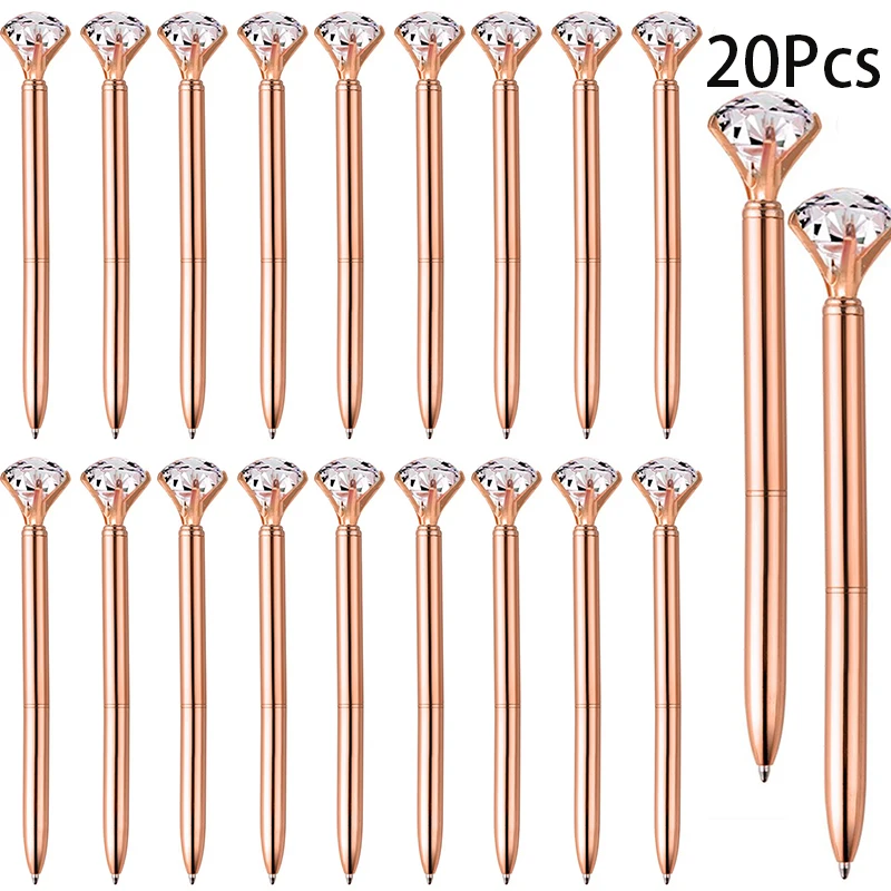 20Pcs Ballpoint Rose Gold Pens Metal Pretty Crystal Diamond for Women Note Taking School Office Desk Supplies