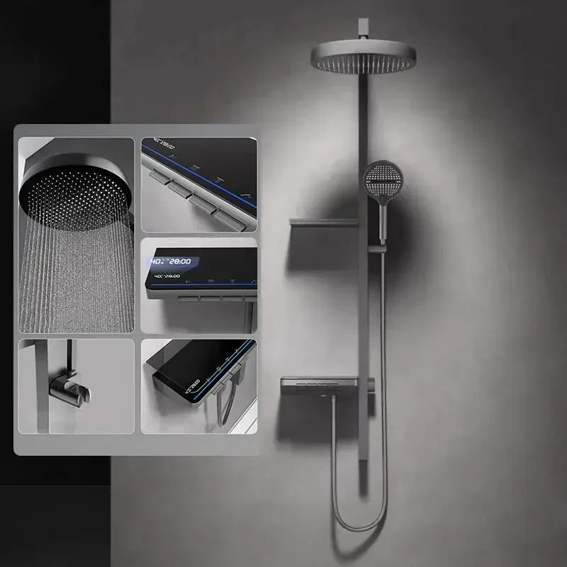 

Digital Display Gray Shower Set Piano Keys Bathroom Double-layer Shelf Shower System Pressurization Rain Head Faucet