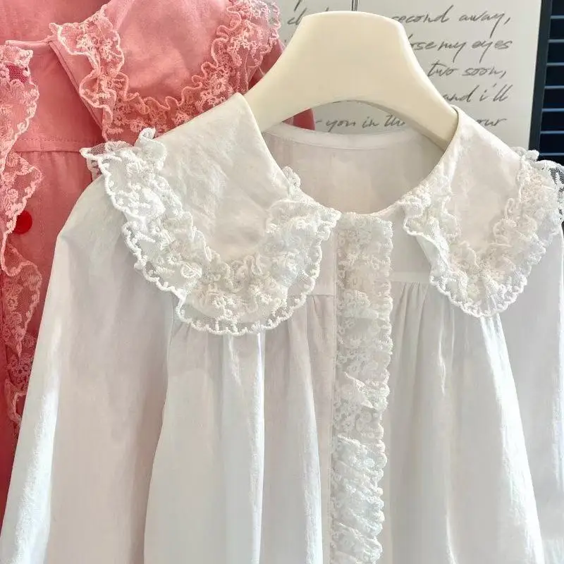 New Spring and Autumn Pure Cotton Girls Blouse Lace Long Sleeve Peter Pan Collar Shirt Stylish Base Layer Top for Baby Girls