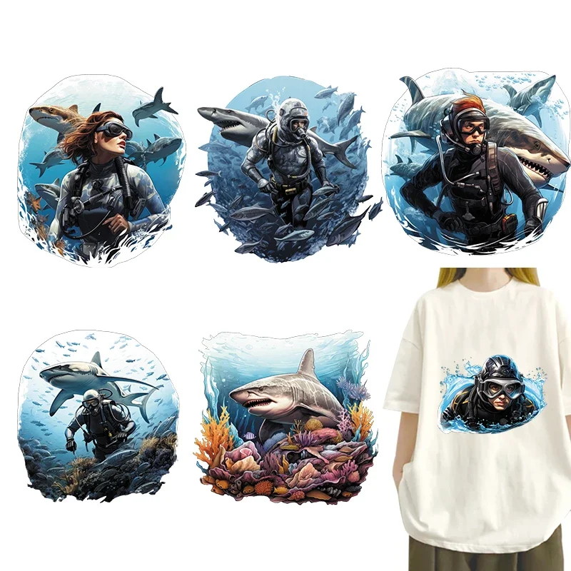 

4pcs Marine Coral Diver Shark DTF Thermo Sticker Decals Heat Transfer On Clothes Iron On Patch For Hoodies Press Printing