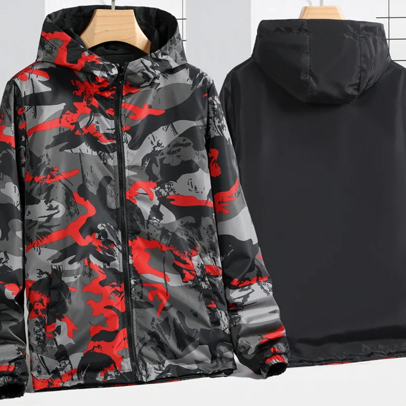 

Men's Camouflage Windbreaker Wearable On Both Sides Hooded Jackets Casual Outwear Wtaerproof Male Clothing Size 5XL 6XL 7XL