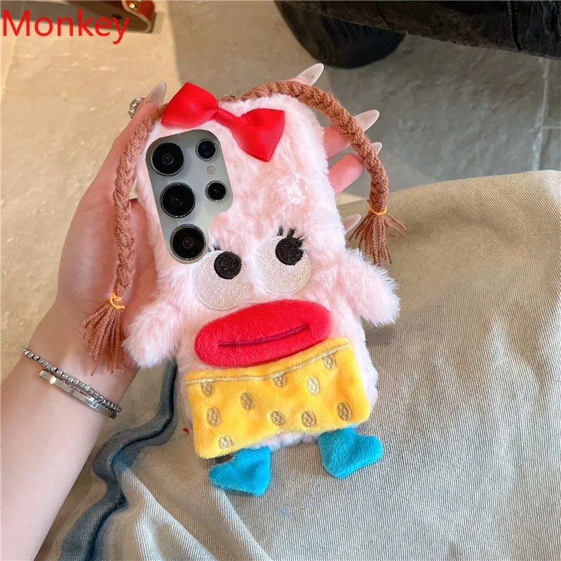 3D Cartoon Braided Girl Silicone Phone Case For Samsung S25 S24 S23 FE S22 S21 S20 S10 S9 Cute Warm Fur Sausage Mouth Cover Gift