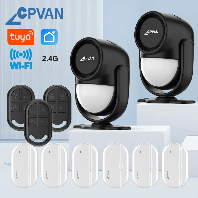 CPVAN Wireless Wifi Tuya 2.4G Smart Home Alarm for Home Burglar security Alarm System Door Sensor Motion Sensor Alarm Detector