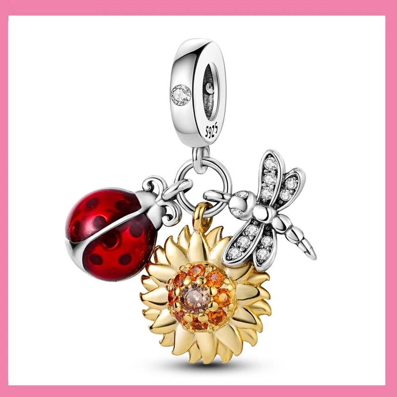 Original New 925 Sterling Silver Beads Ladybug Sunflower Dragonfly Pendant Charm Fit Original Bracelet DIY Women Jewelry Gift