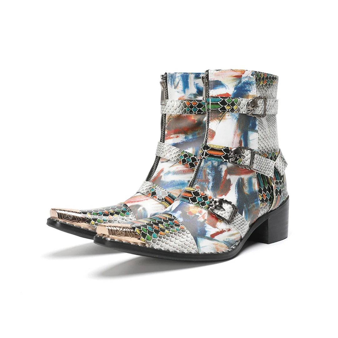 Fashion Snake Skin Genuine Leather High Heel Ankle Boots Gentleman Drag Show Dress Shoes Male Pointed Toe Party Motorcycle Boots