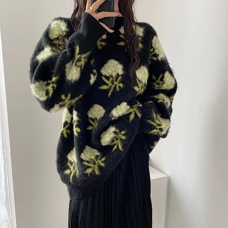 ZOKI Designed Women Jumper Elegant Korean Women Rose Embroidery Sweater Pullover Winter Thick Ladies Casual Tops New 2023