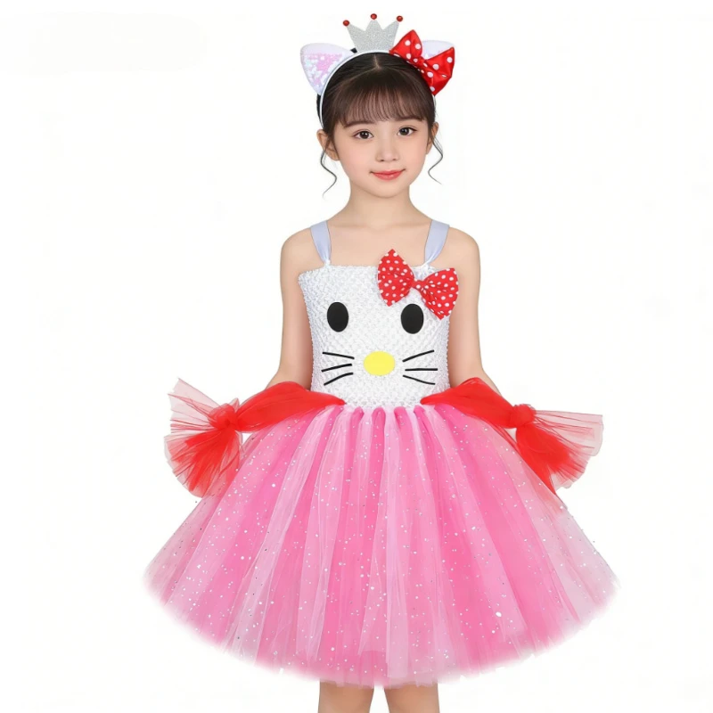 

Sparkly Pink Cartoon Kitty Costumes for Baby Girls Birthday Outfit Gift Child Fancy Clothes for Kids Cute Cat Ballet Tutus Dress