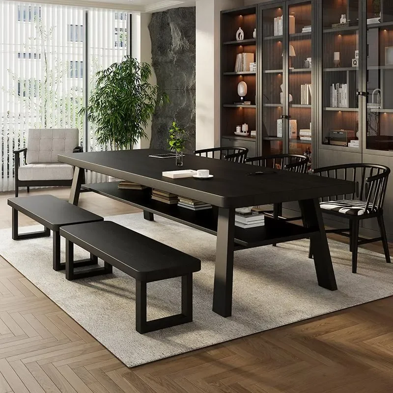 for Nordic Solid Wood Double Layer Desk Black Reading Table Large Study Worktable Long Desk for Living Room Home Office