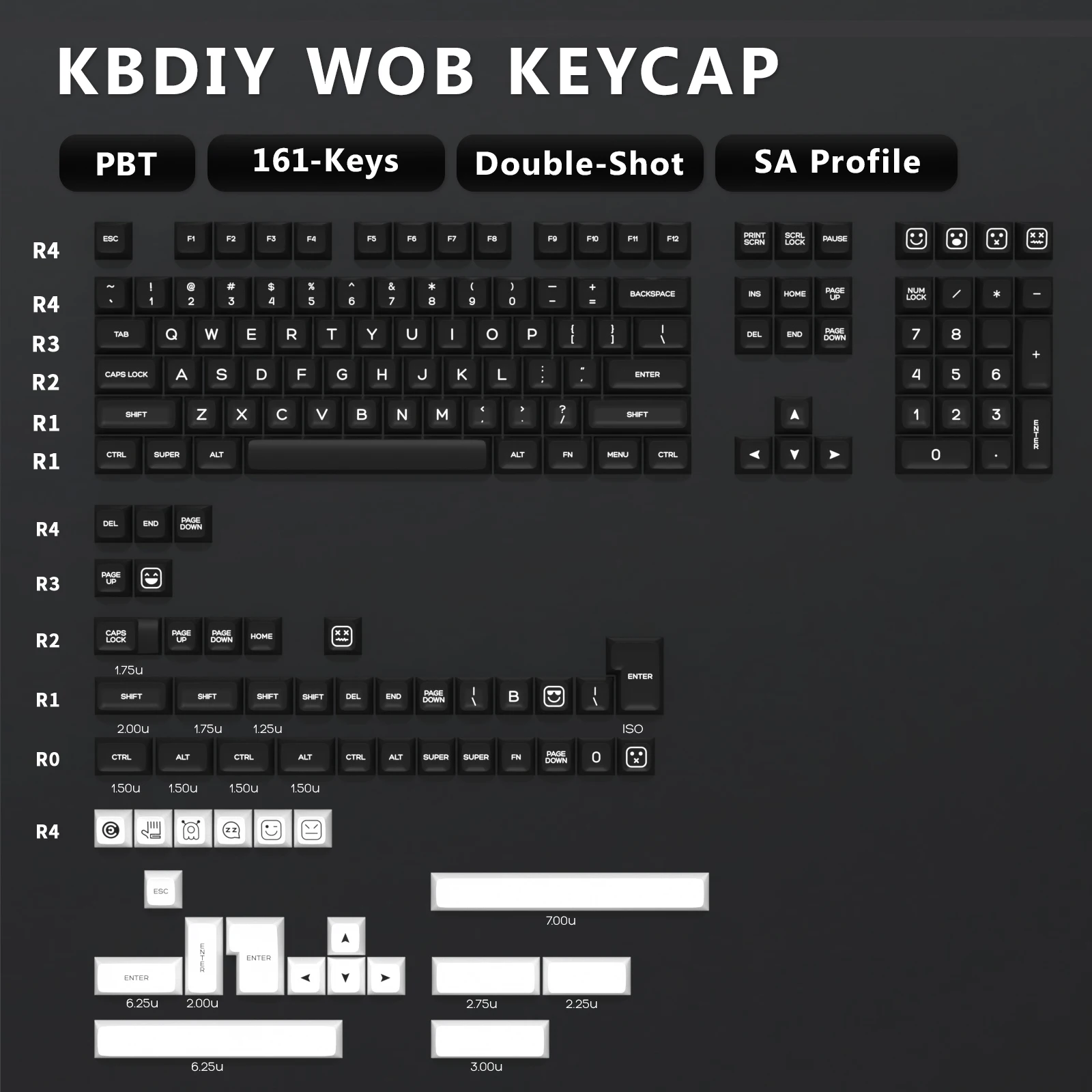 Imagem -02 - Kbdiy-teclas Mecânicas do Teclado Conjunto de 161 Teclas Perfil Pbt SA Gmk Wob Preto e Branco Double Shot Iso Personalizado K500