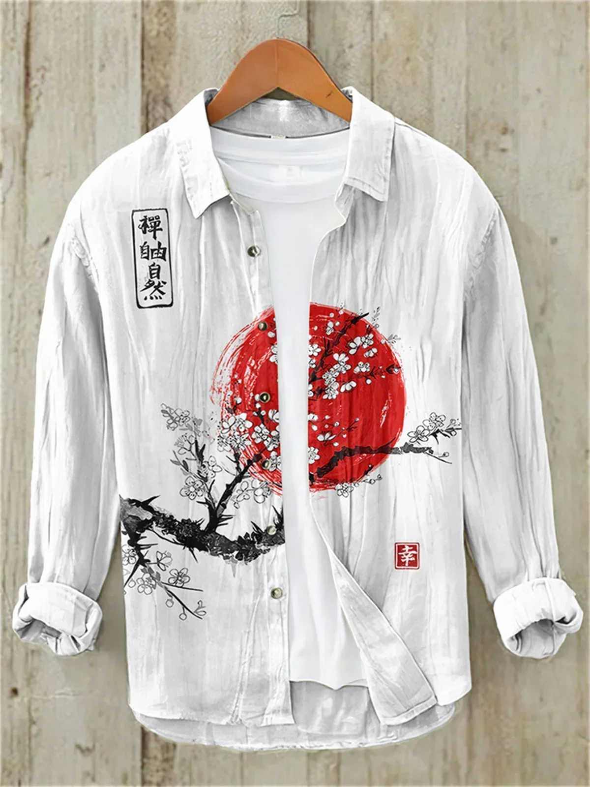 Linen Blended Shirt with Lapel, Single Breasted Design, Japanese Vintage Art, Plum Blossom, Sunrise Design, New, Casual