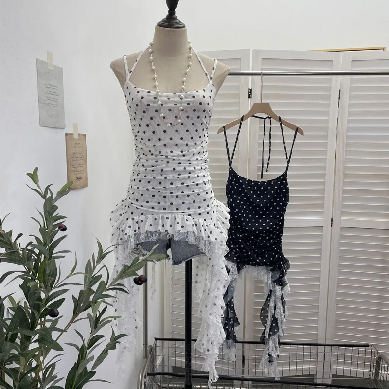 ISAROSE Summer Casual Camisole for Women Polka Dots Double Layers Stretch Mesh Patchwork Spaghetti Straps Lace Ruffles Tops