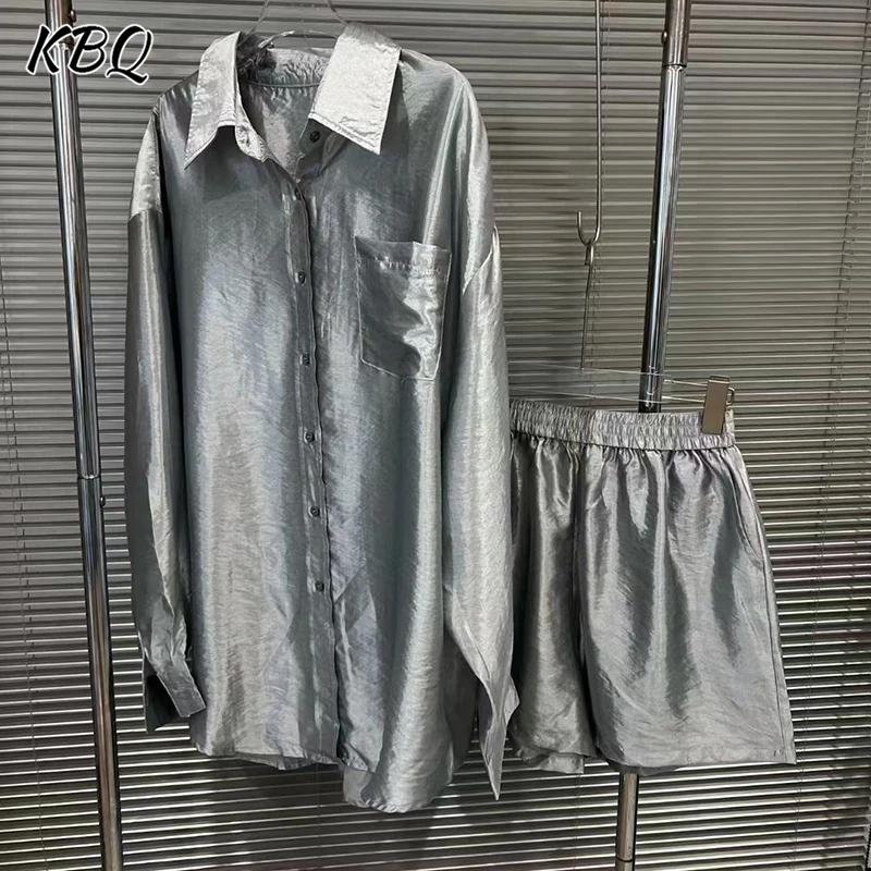 

KBQ Designer Slimming Solid Two Piece Sets For Women Laple Long Sleeve Spliced Button Top High Waist Shorts Chic Set Female New