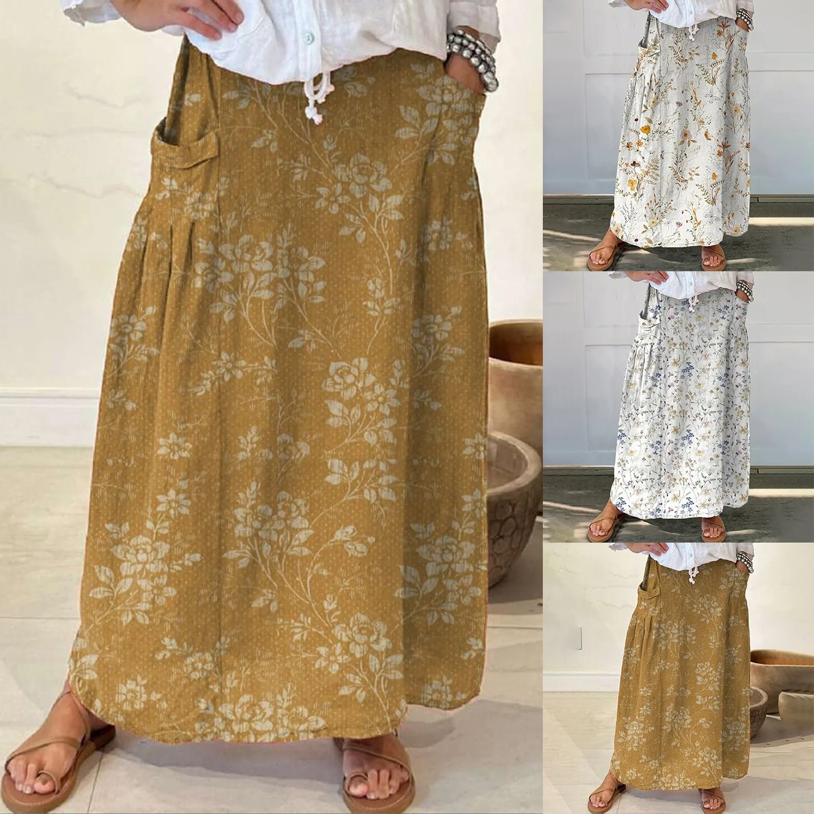 

Women's Retro Floral Art Linen Elastic Waistband Pocket Skirt Ballet Skirt Skirt Pants Floor Length Skirt Can Can Skirt