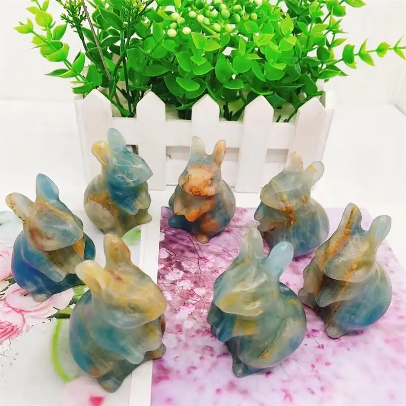 Natural Blue Onyx Rabbit Crystal Animal Carving Crafts Healing Energy Stone Cute Home Ornaments Children Gift 1PCS