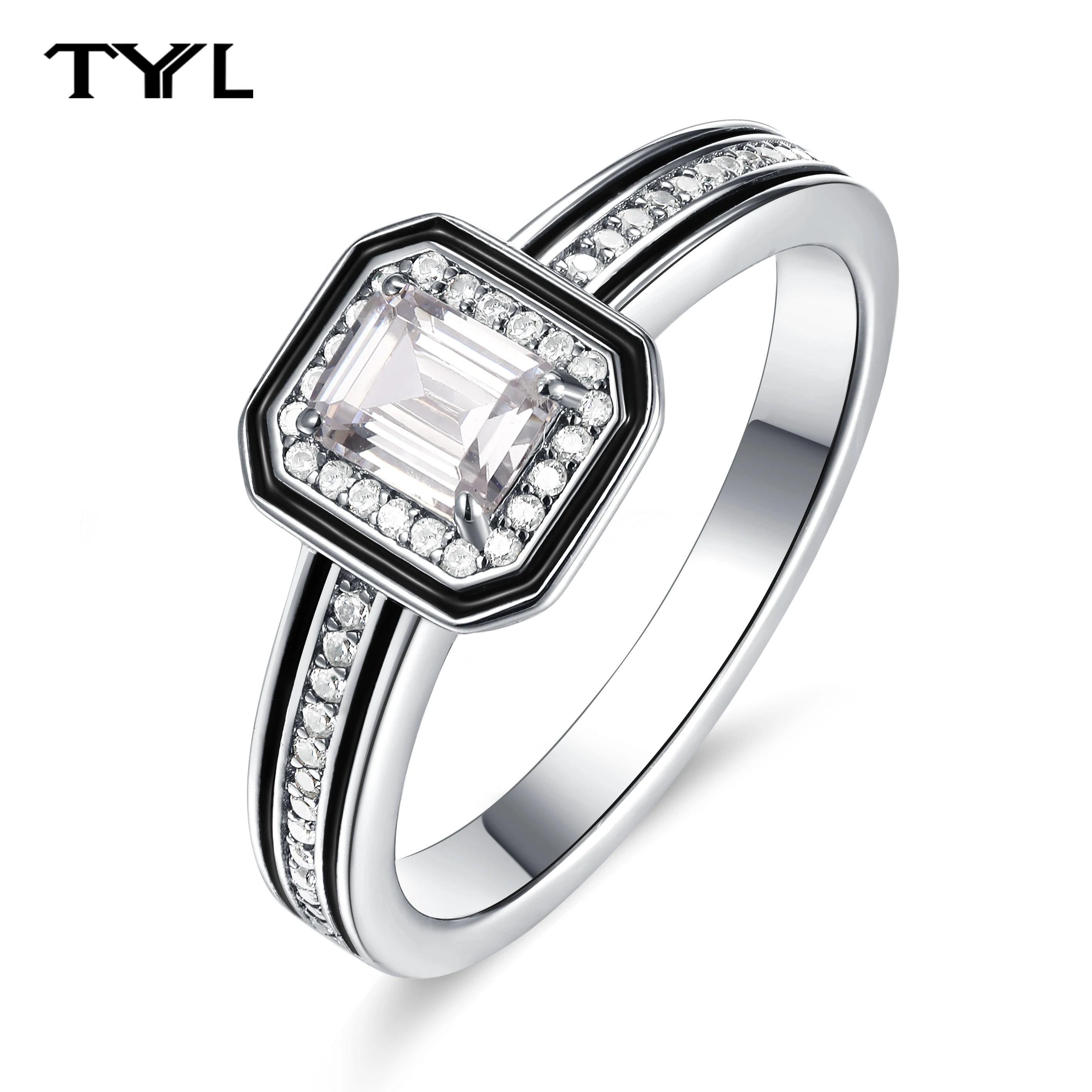 

TYYL Fashion Women Zircon Polygon Ring Rectangle Diamond Ring Octagon Black Bezel Crystal Jewelry Wedding Anniversary Party Gift