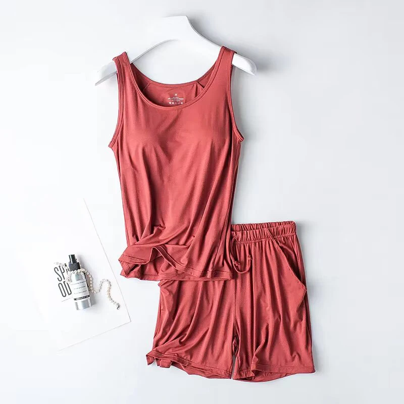 Summer New Women's Modal Pajamas Two-piece Vest + Shorts With Chest Pad Lingerie Seamless Cup Camisole Homewear Set Pajama
