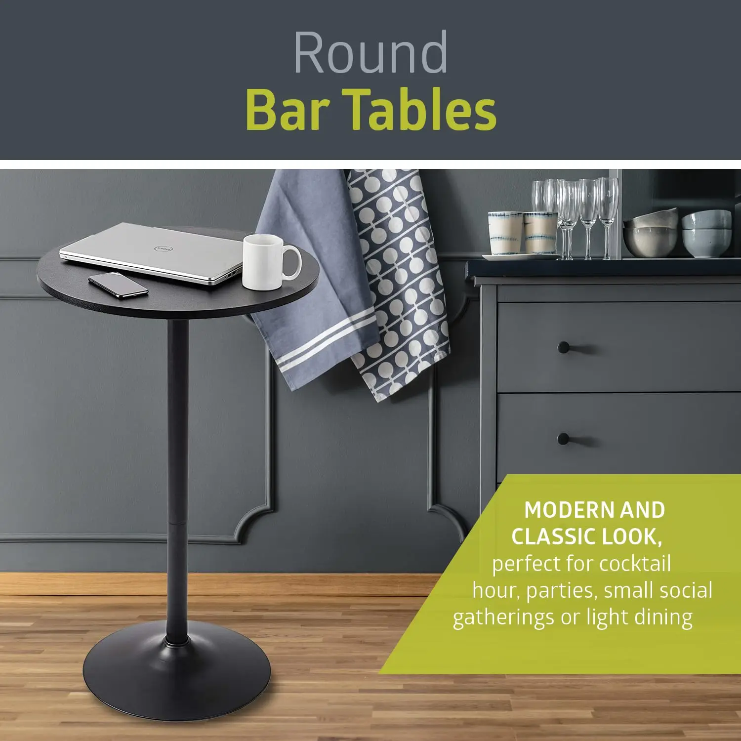 2 Pack Round Bar and Pub Table, Black
