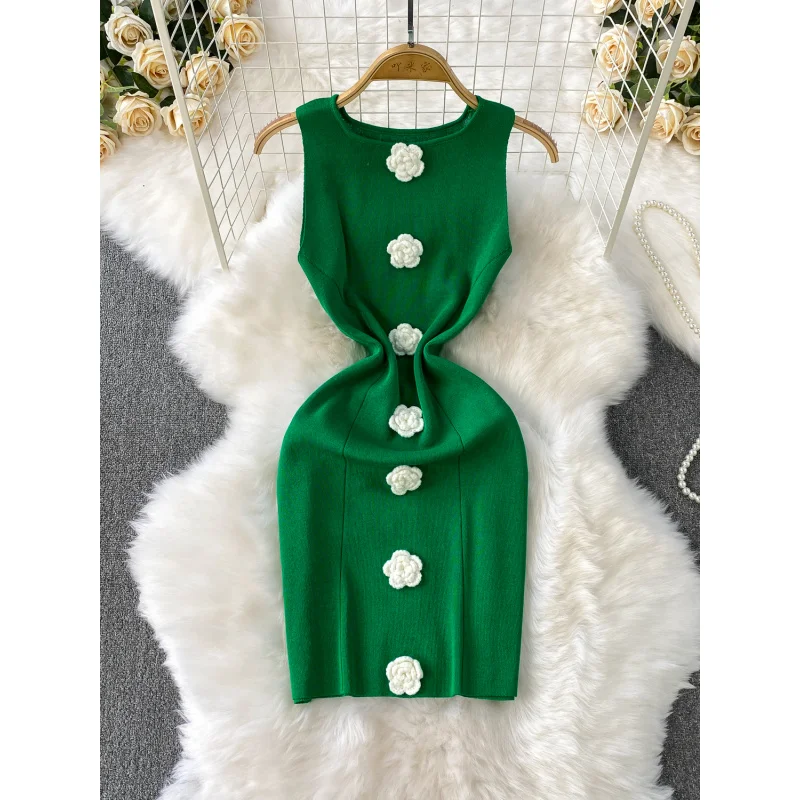 INS風 レディース 夏 シック スリム ニット ボディコン ミニ ショート タンク ドレス カジュアル パーティー 3Dフラワー シース ストリートウェア スリム ナイトクラブ ドレス