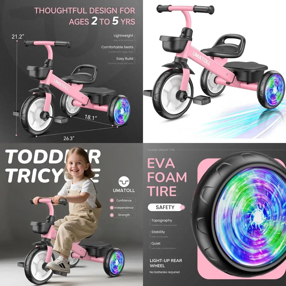 

Umatoll Tricycle for Toddlers 2-5 Year Old, Ajustable Toddler Bike Outdoor Toys, Birthday Gift for Girl Age 2-4, Trike with Ligh
