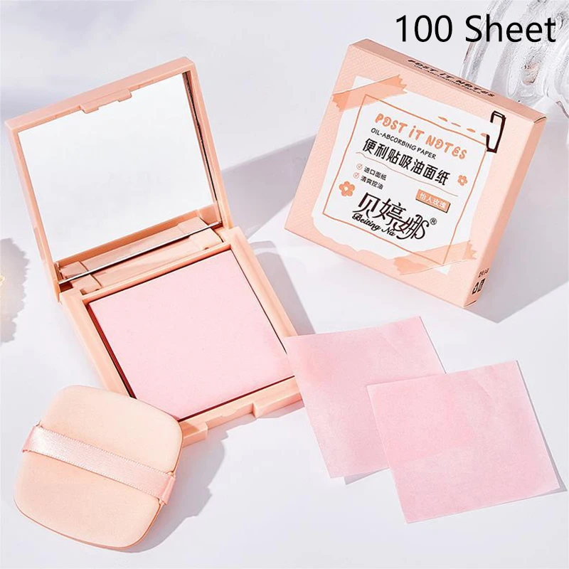 

100Sheets/Box Bamboo Blotting Papers With Mirror&Makeup Puff Refreshing Portables Oil Control Tool Facial Oil Absorbing Sheets