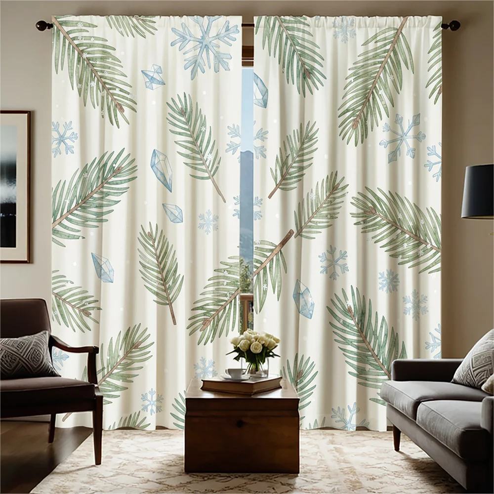 Boho Foliage Leaf Pattern Curtain Pair for Living Room Window Winter Snow Snowflake Botanical Aesthetic Curtains Home Decor Drap
