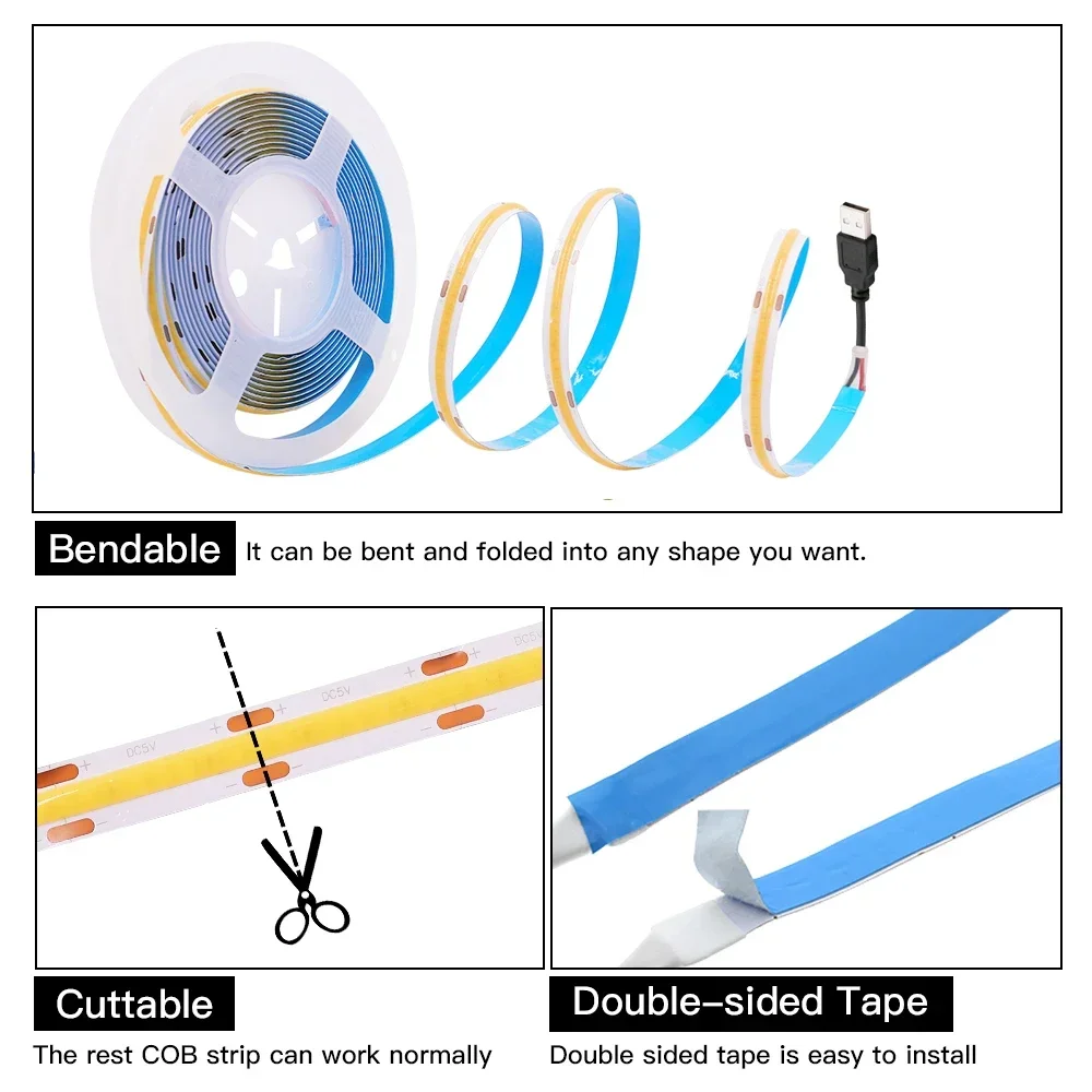 실내 장식용 COB LED 스트립, 고밀도 RA90 320 LED, 따뜻한 자연 쿨 화이트 아이스 블루, 유연한 리본 조명, 12V, 5V, 24V