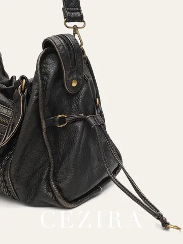 Bolso de mano Vintage de piel sintética lavada de gran capacidad con bolsillos y cremallera, decoración trenzada, bolso cruzado de hombro, bolso de viaje diario Unisex para mujer