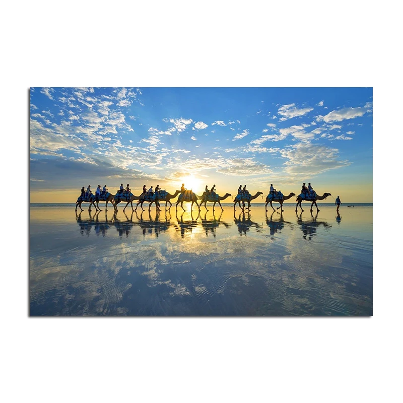 Canvas Print, Camels Walking On The Water Painting, Nature Landscape Wall Art, Poster Picture for Living Room, Home Decor Mural