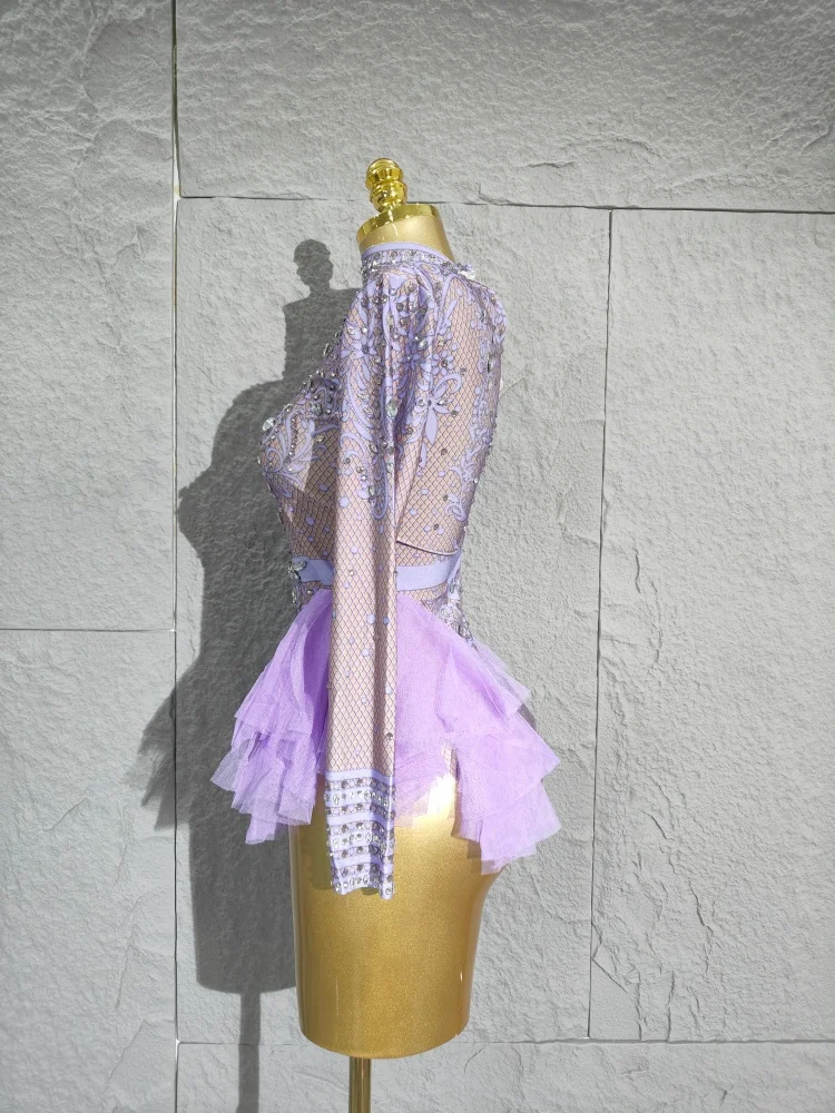 2025 strass scintillants body femmes élastique rose maille volants cristal justaucorps discothèque danseur Costume scène porter tenue de fête