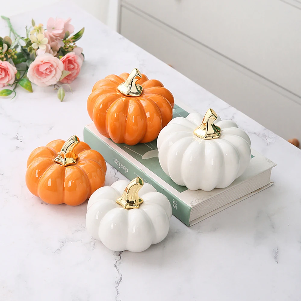 

Luxury Orange or White Ceramic Funny Vegetable Pumpkin Halloween Ornament Home Figurine Arts Crafts Desk Decor Statues Sculpture