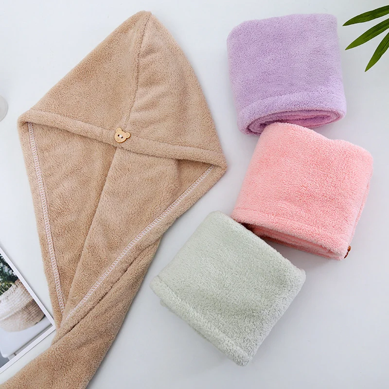 

Women Fast Drying Hair Towel Coral Velvet Hair Towel Women Wrap Head Absorption ater Bath Hat with Button Bathroom Supplies ﻿