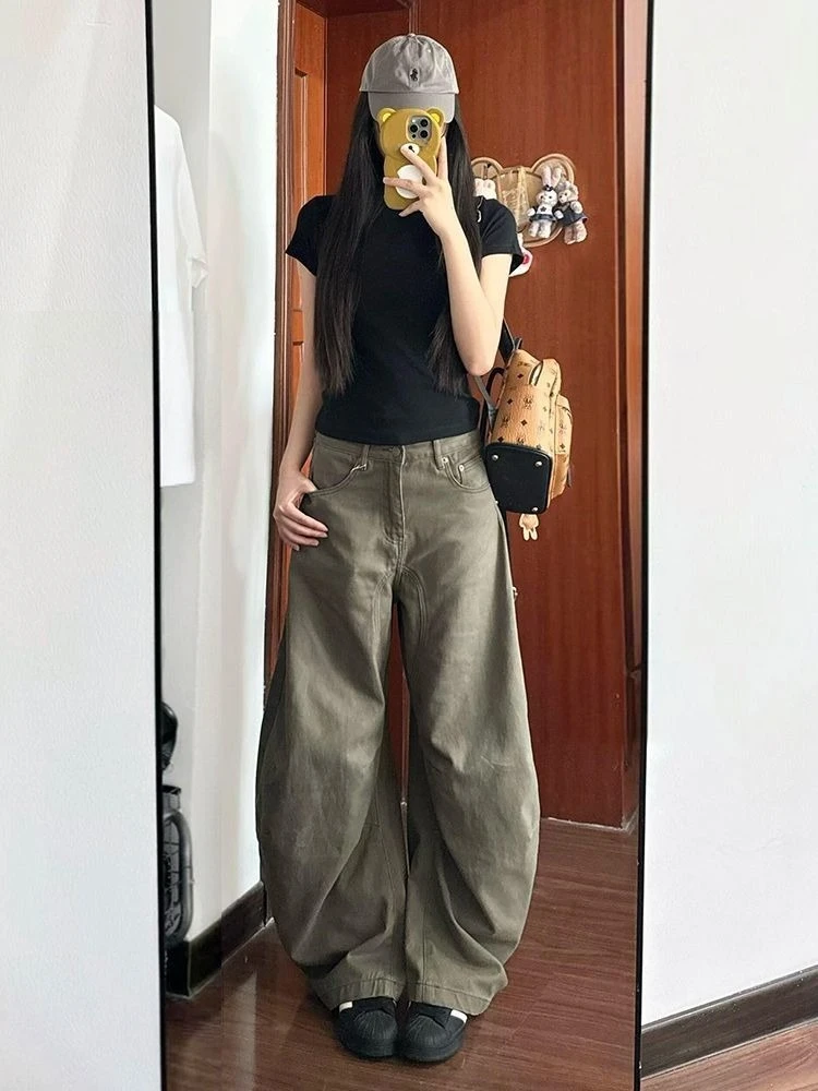 

American Vintage Olive Green Wide Leg Jeans Women High Waist Baggy 2000s Streetwear Harajuku Denim Pants Women Casual Style
