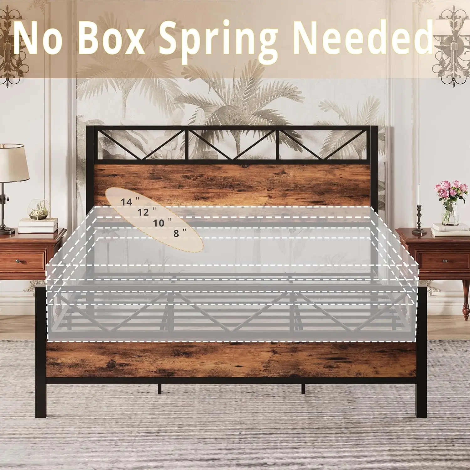 Bed Frame, Tall Industrial Headboard , Platform Bed Frame with Strong Metal Support, Solid and Stable, No Box Spring Needed