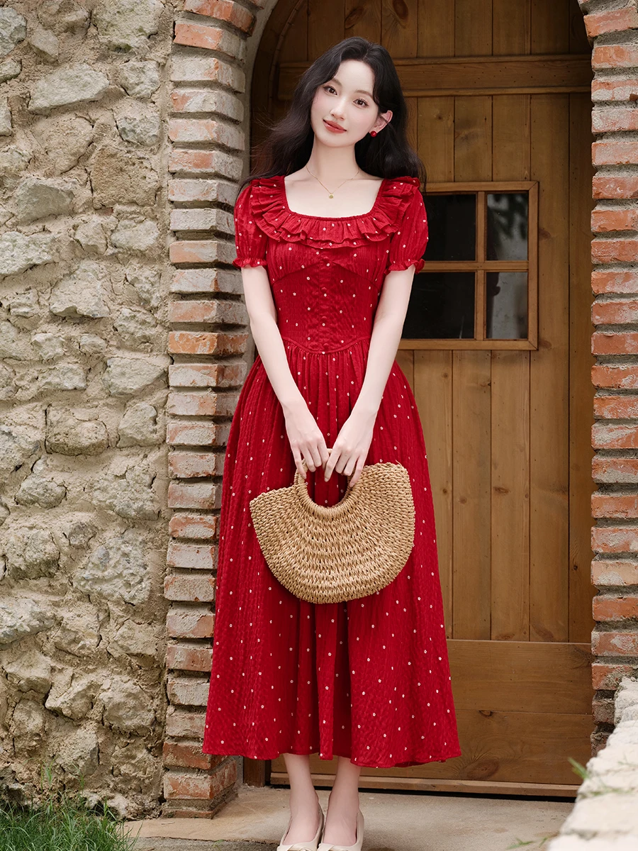 2023 neue Rote Polka Dot Quadrat Kragen Dr Abnehmen Langen Rock Sommer frauen Süße Hohe Taille Blase Sve Princ kleid