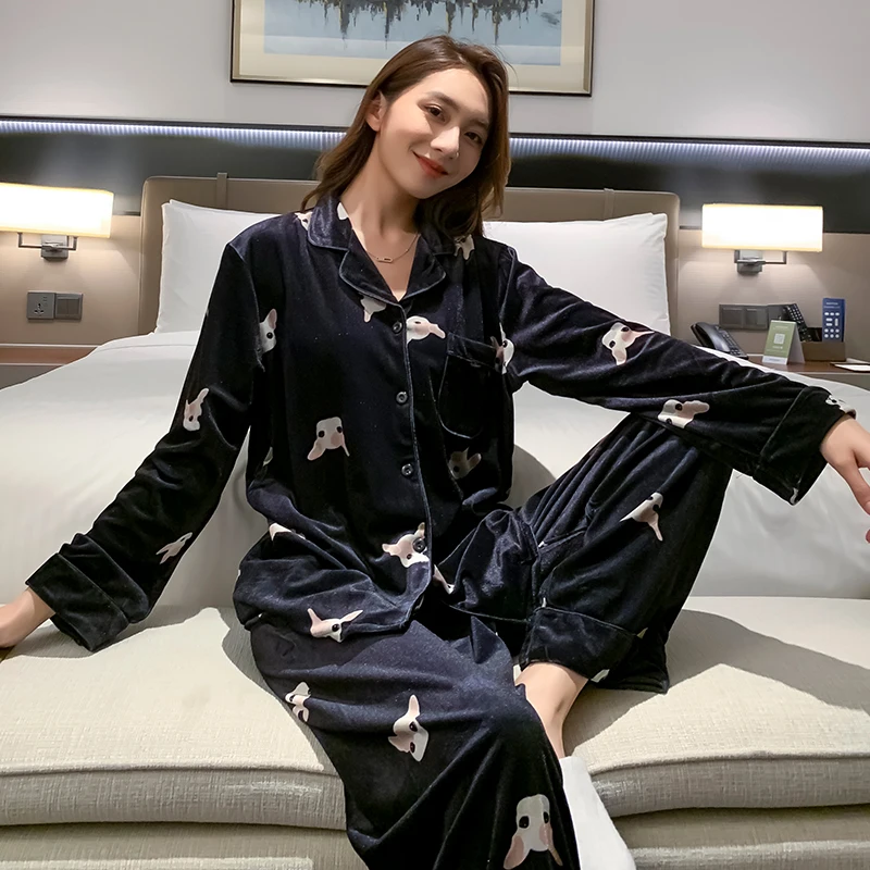 winter-coral-fleece-pajamas-women's-thin-set-home-clothes-island-velvet-sleepwear-long-sleeve-long-pants-comfortable-home-suit