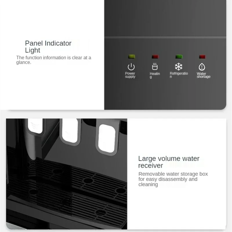 Dispensador de água doméstico vertical. Balde abaixo. Totalmente automático. Resfriamento e aquecimento inteligentes de dupla finalidade. Pequeno.