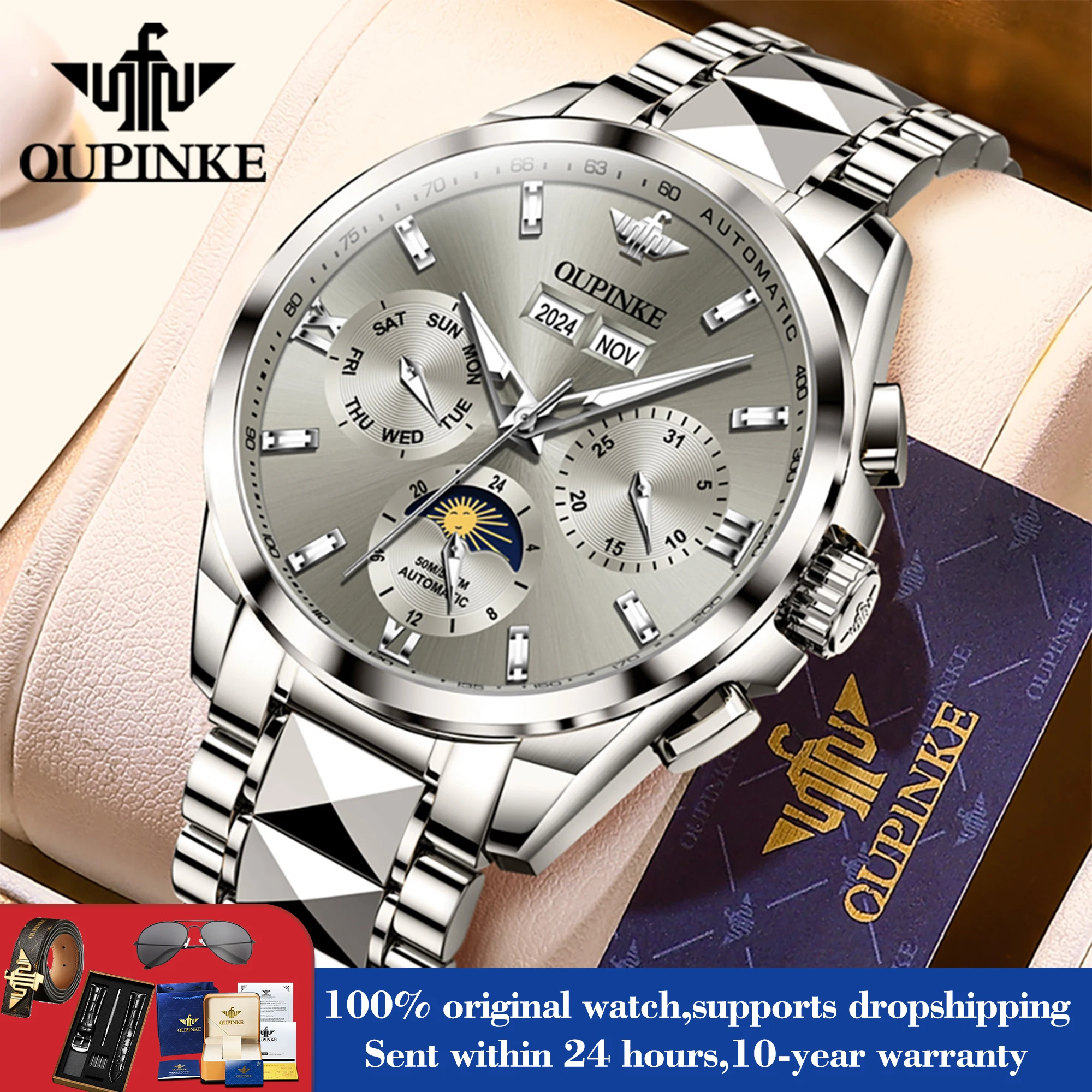 OUPINKE 3201 Original Business Mechanical Watch For Men 24 Hour Moon Phase Stainless Steel Hand Clock Date Waterproof Man Watch