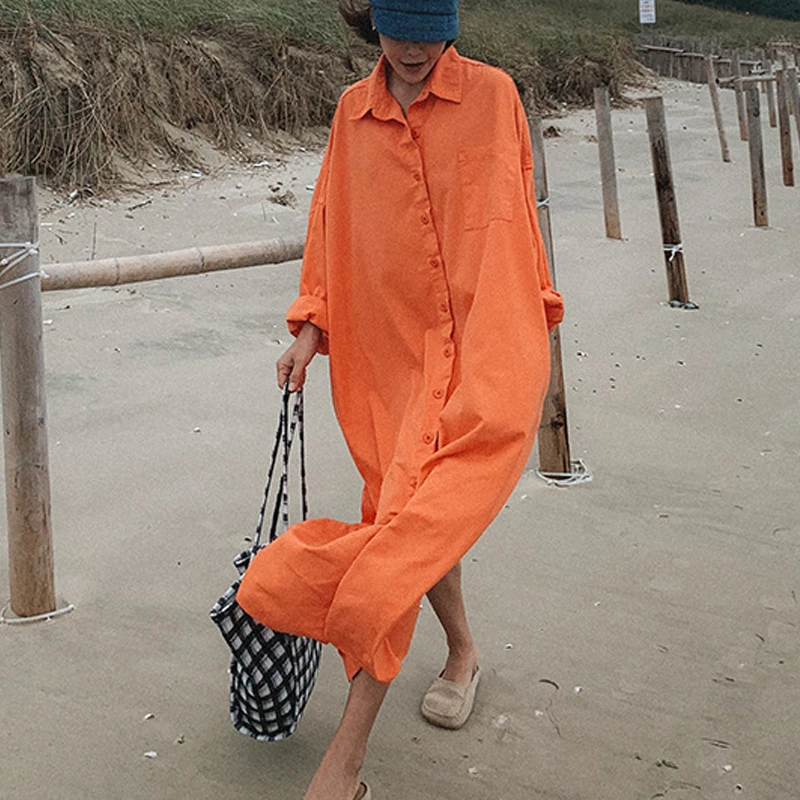 Johnature 2024 New Turn-down Collar Women Shirt Dresses Summer Casual Korean Solid Color Orange Loose Pockets Slits Dress