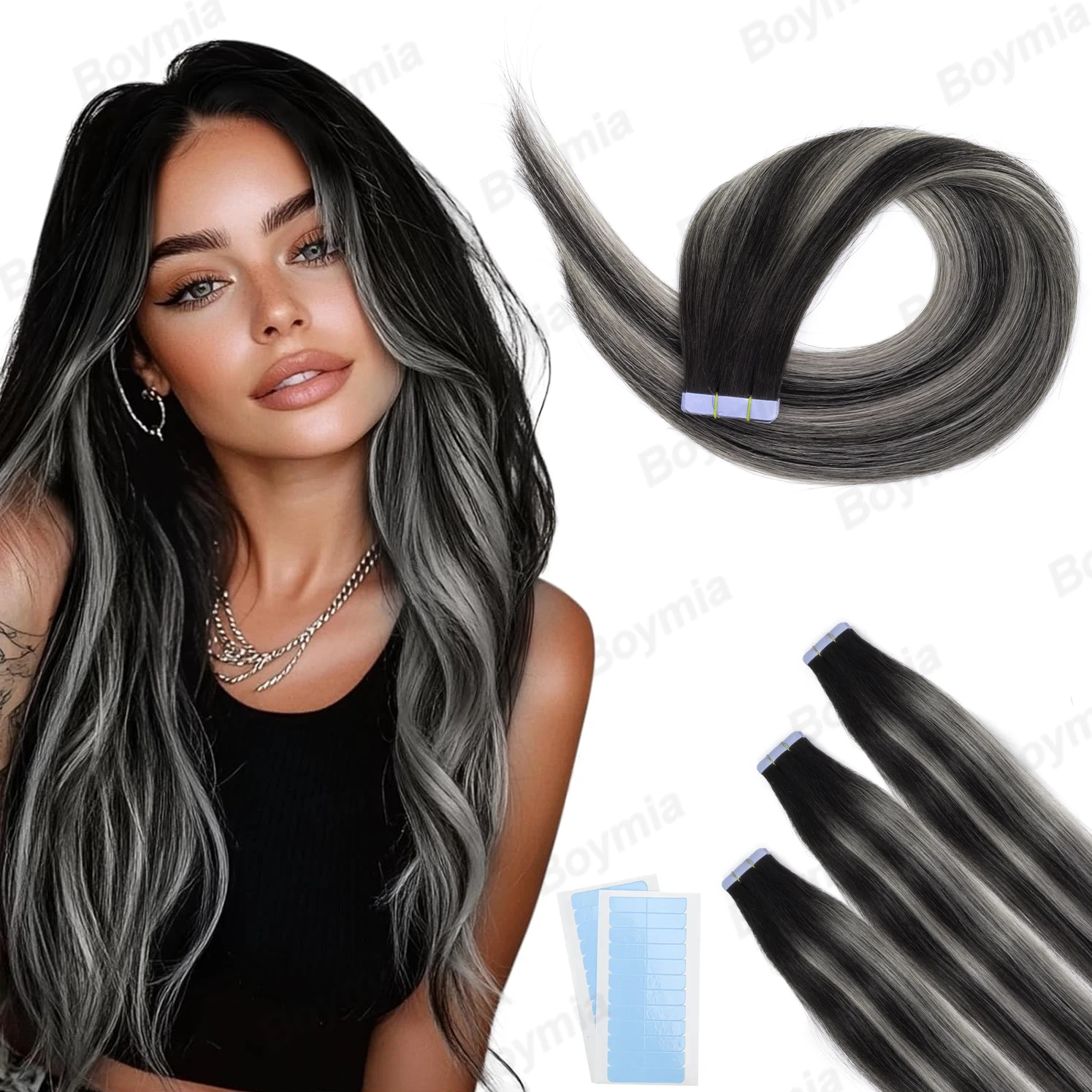 

Накладные пряди для наращивания волос Ombre: натуральные волосы, балаяж от черного к серебристому, черные пряди с эффектом смешения цветов, на клеевой основе