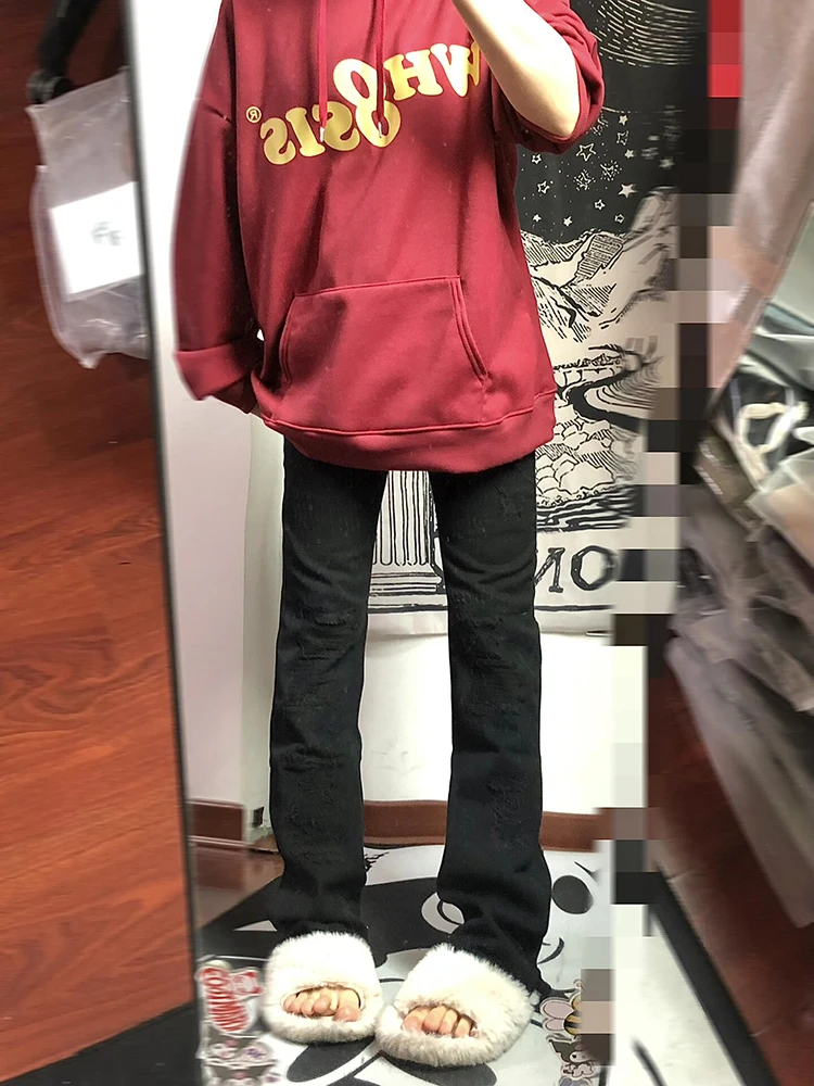 PBAP Destroyed Frauen Gerade Jeans Plus Größe Raw Edge Feste Beiläufige Taschen Cleanfit Niedrige Taille Lange Hosen Hip Hop Streetwear