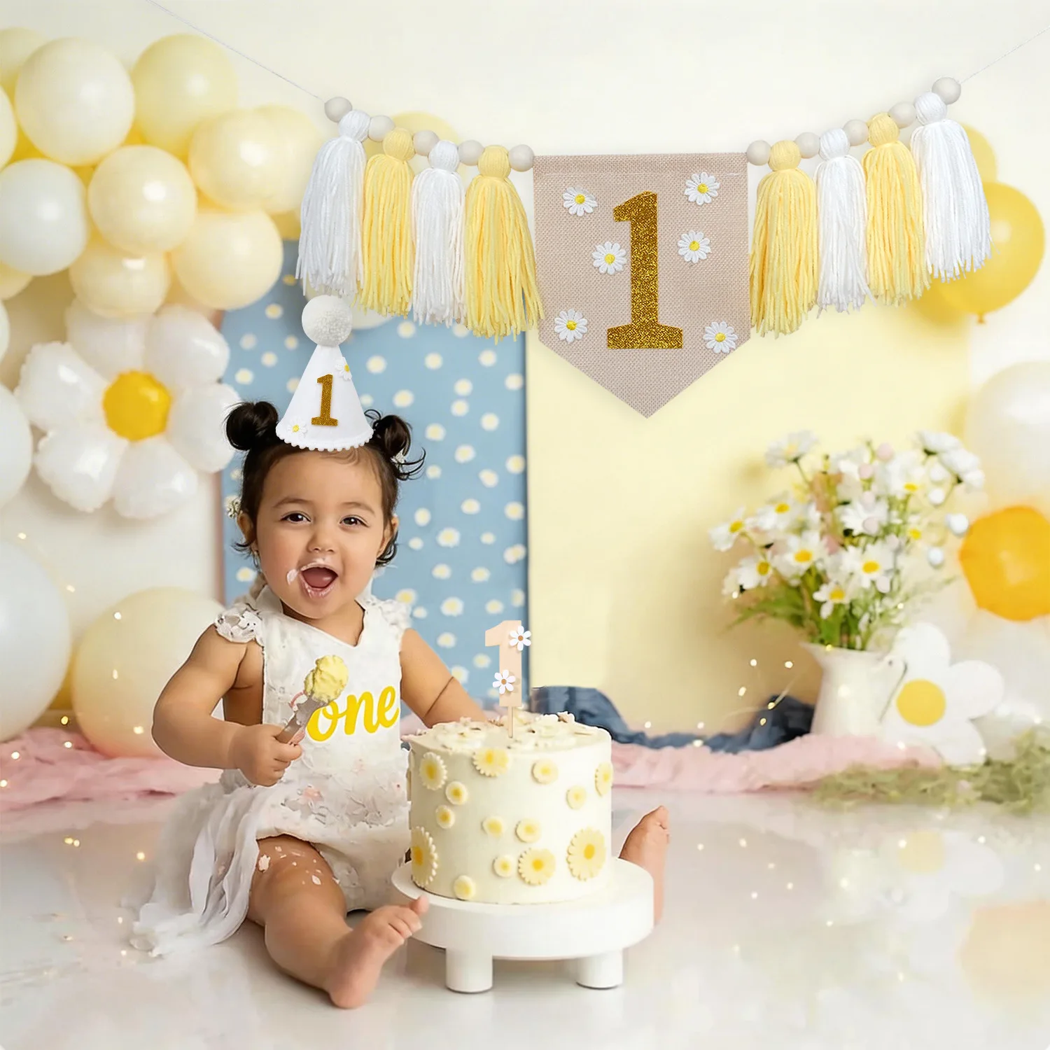 First Birthday High Chair Banner Decorations for Girl,Daisy First Crown Hat,Baby Girl 1st Birthday Decorations One Year Old Part