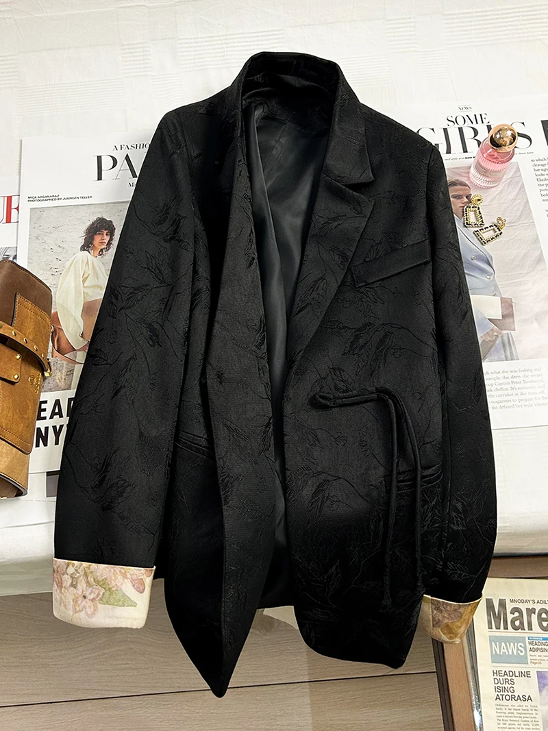 Kiesza lyte Fashion 2024 Party Spring Autumn Black printing Satin Blazer for Women New Chinese design High quality Jackets Coats