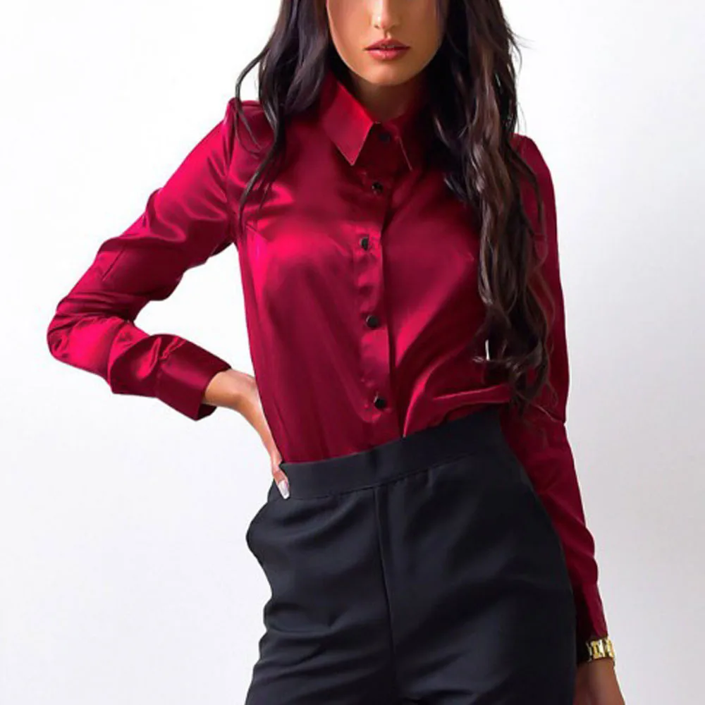 

Women Spring And Autumn Vintage Satin Shirt Turn-down Collar Long Sleeve Button Pure Color Silky Top Ladies Casual Shirts