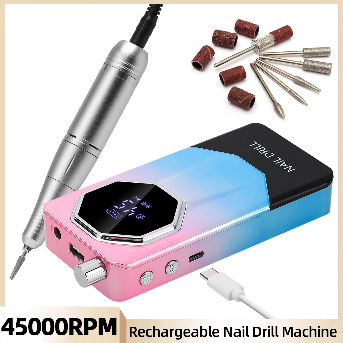 45000RPM Electric Nail Drill Machine Professional Nail Drills for Gel Nails Polish Rechargeable Portable Nail File Manicure Tool