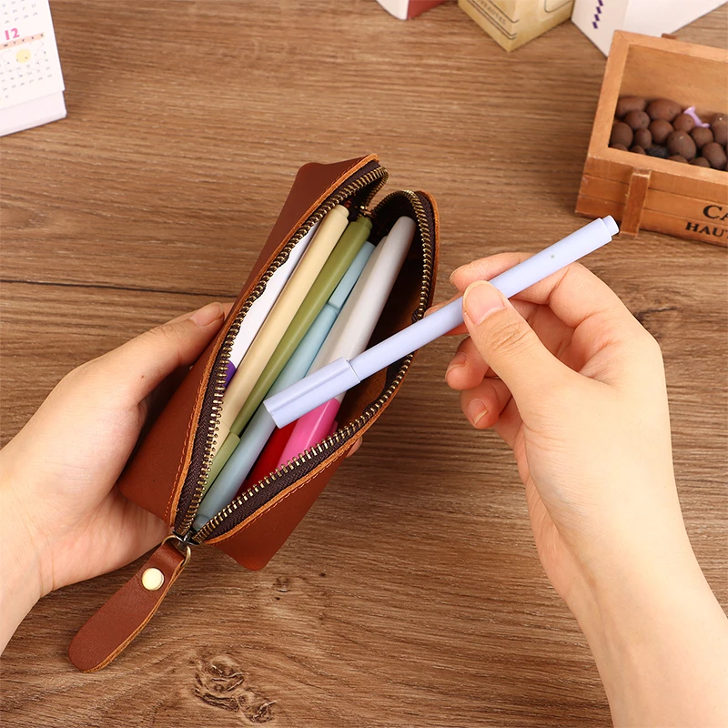 Saco De Lápis De Couro Simples, papelaria Hoder, Pen Case, Saco De Armazenamento, Bolsa De Zíper, Caixa De Óculos, Material Escolar
