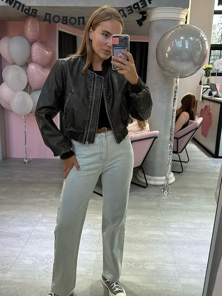 Blouson en cuir PU femme, rétro, fermeture éclair avec poche, mode solide, col rond, manches longues, manteau court, slim, vêtements d'extérieur, 2024