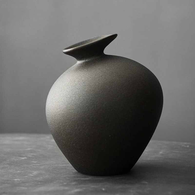 Japanese Style Black Terracotta Vase Imitation Stone Abstract Flower Arranger Table Top Vintage Ornament Living Room Flower Vase