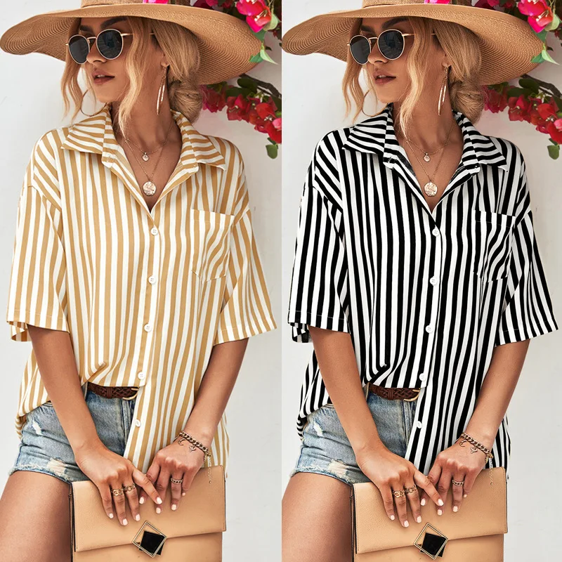 

Loose Comfortable Pocket Shirt for lady 2023 New Popular European and American Fashion Elegant Stripe Short Sleeve