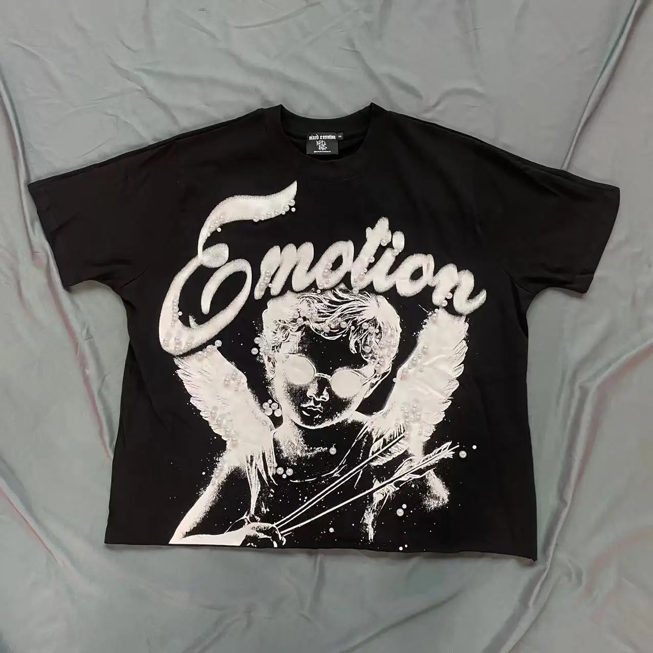 

American Trendy Mixed Emotion Vintage Pearl Decoration T shirt High Street Short Sleeve Crewneck Streetwear Y2k Tops tees Unisex