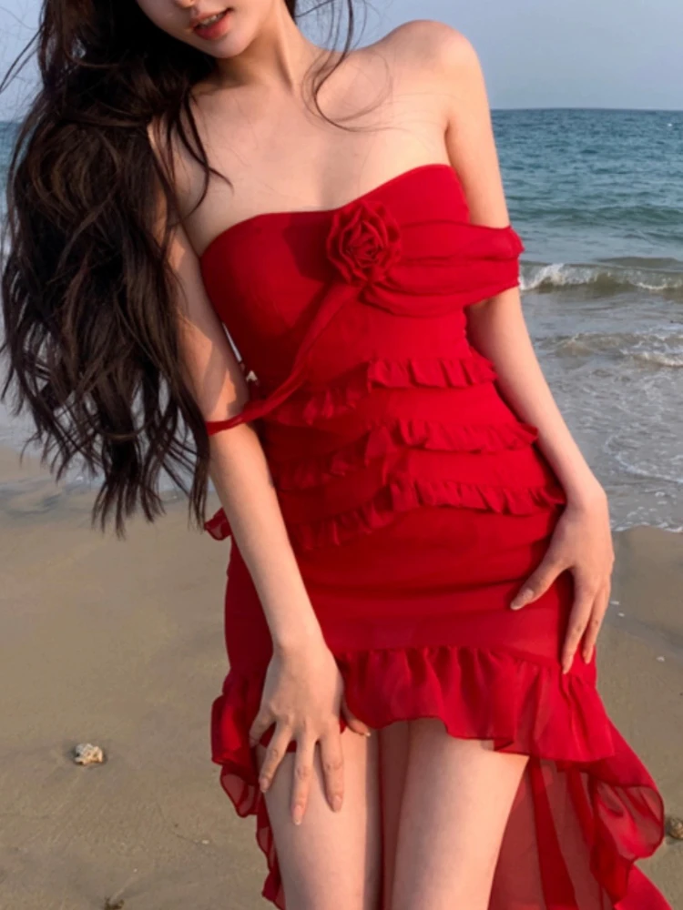 Pure Desire Sexy Strap Sweet Dresses Women Korean Fashion Hot Chick Red Designer Fairy Dress Female Y2K Strapless Dress 2024 New